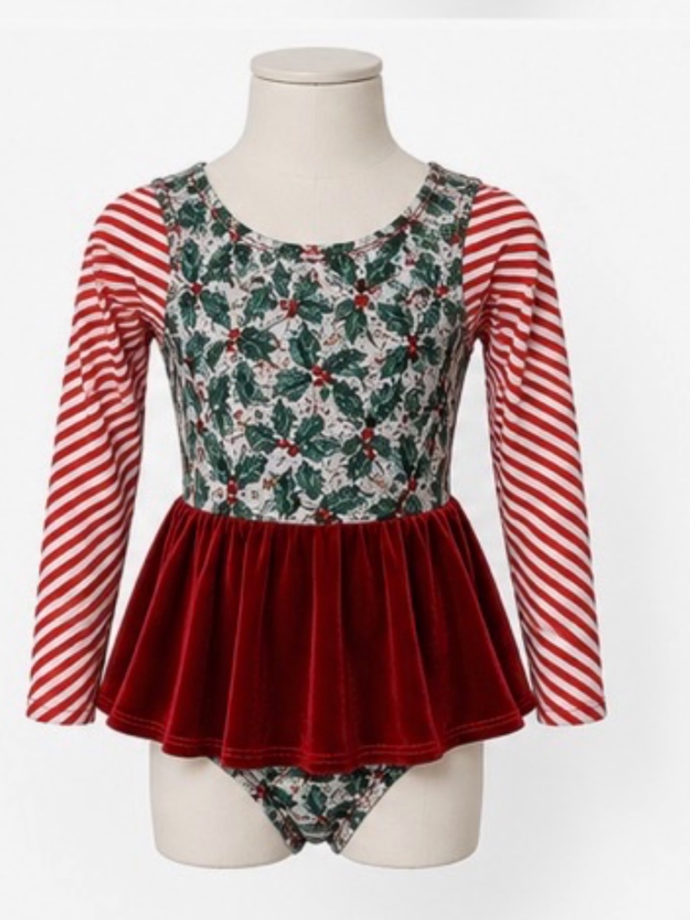 Girls Holiday Velvet Skirt Floral Stripe Long Sleeve Leotard